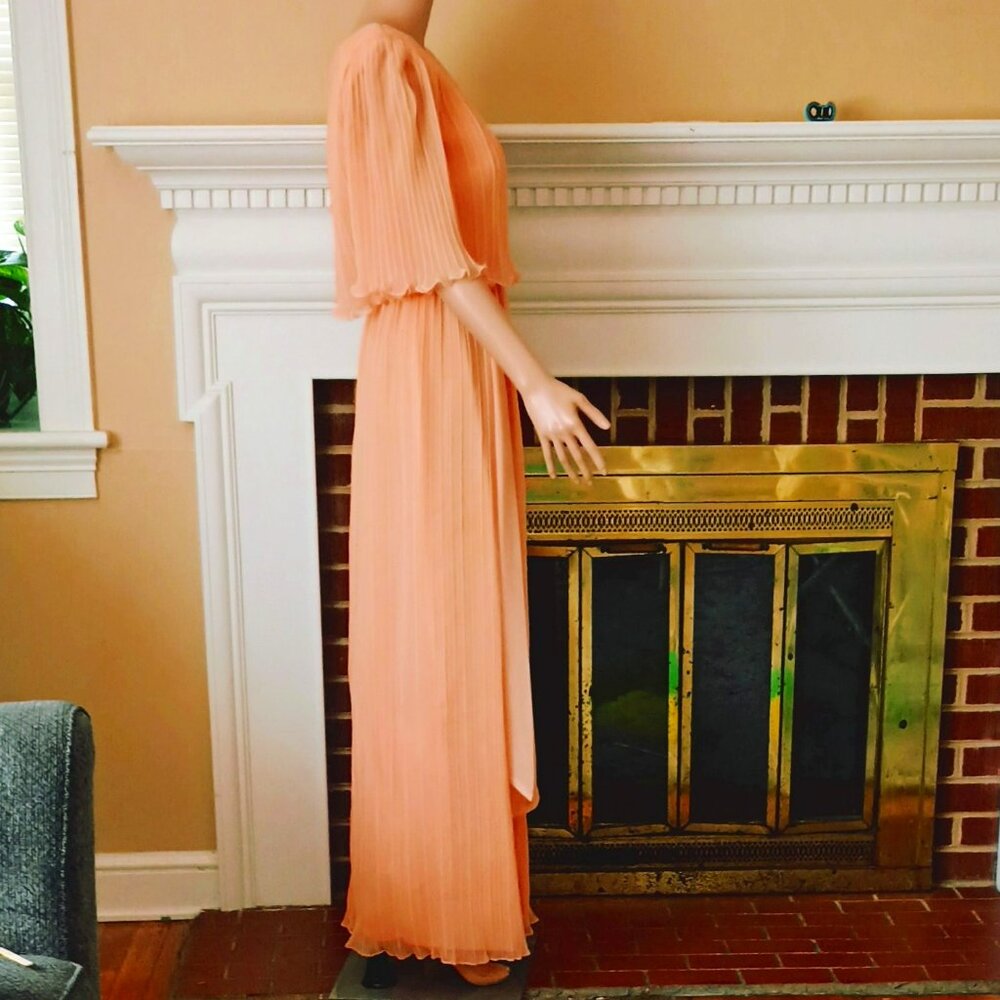 VTG Miss Elliette Peach Accordion Crepe Chiffon Cape Evening Gown Formal Dress - Picture 5 of 14